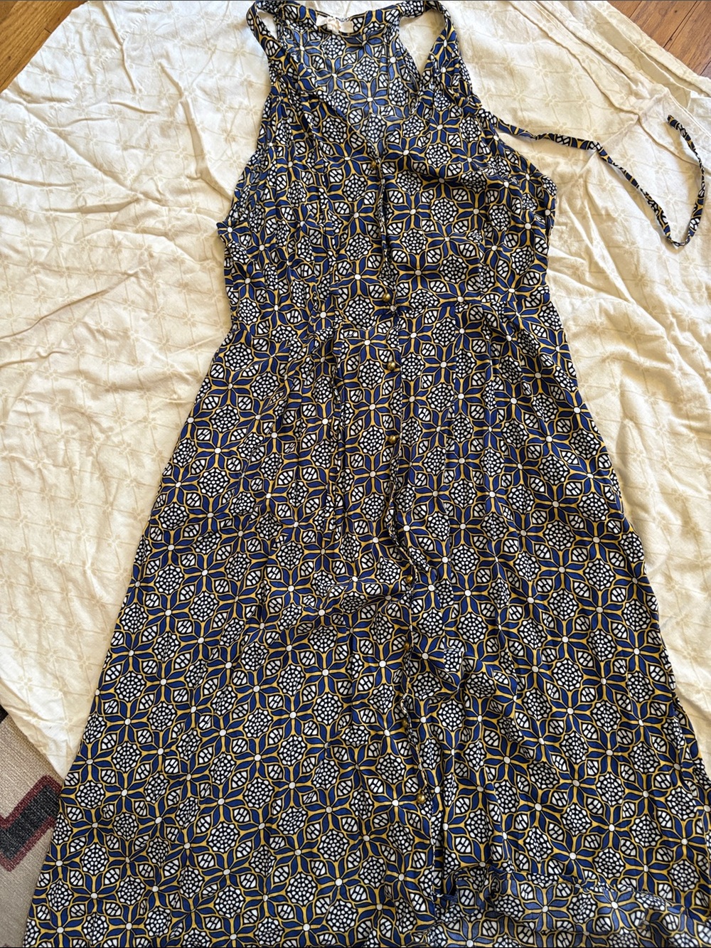 Tulle Sleeveless Geometric Maxi Dress in Navy and Gold